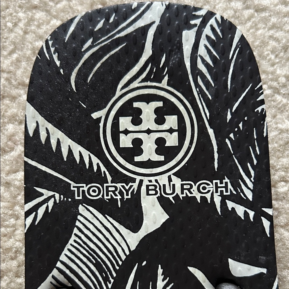 Tory Burch Black & White Tropical Logo Flip Flops - Picture 2 of 4